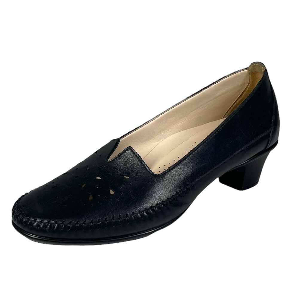 SAS Sonyo Slip On Heel Shoes Size 9 W Wide Black Leather Tripad Comfort Cut Outs